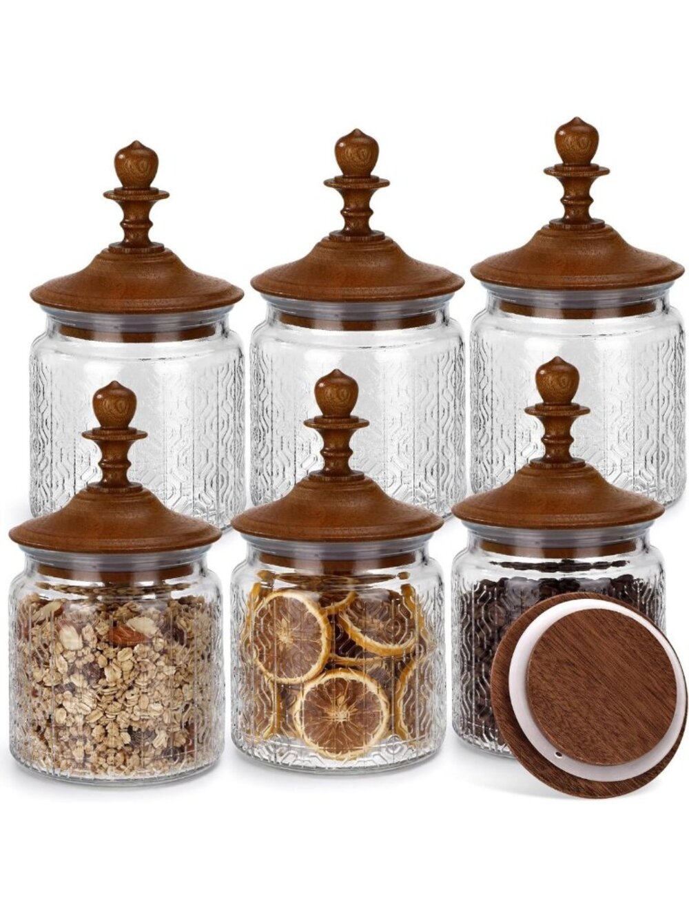 Vintage Glass Spice Jars Set of 6 - 17 oz Airtight Canisters with Wood Lids for